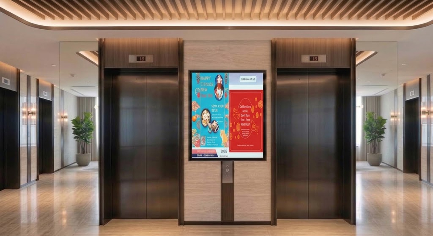 Condominium digital display advertising beside residential lift doors