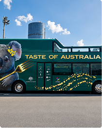 Taste of Australia advertising wrap on an open-top double-decker bus